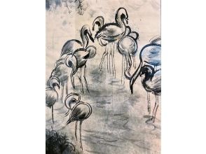 ロケ地の町家で書道教本進呈の墨絵ワークショップ(基礎や模写：雪舟・蕪村画から始め動物画・植物画・風景画・仏像画を選択大色紙に描く